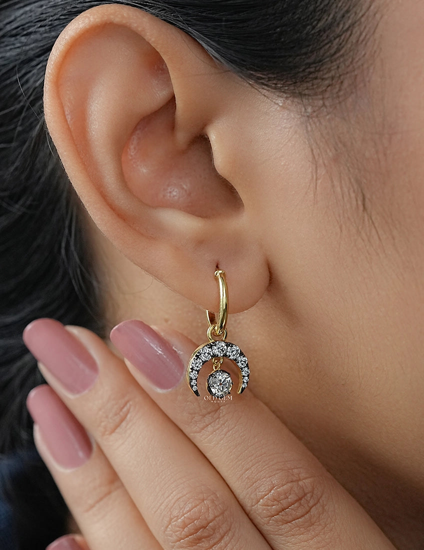 Victorian Style OEC Round Cut Crescent Moon Hoop Earring Earrings