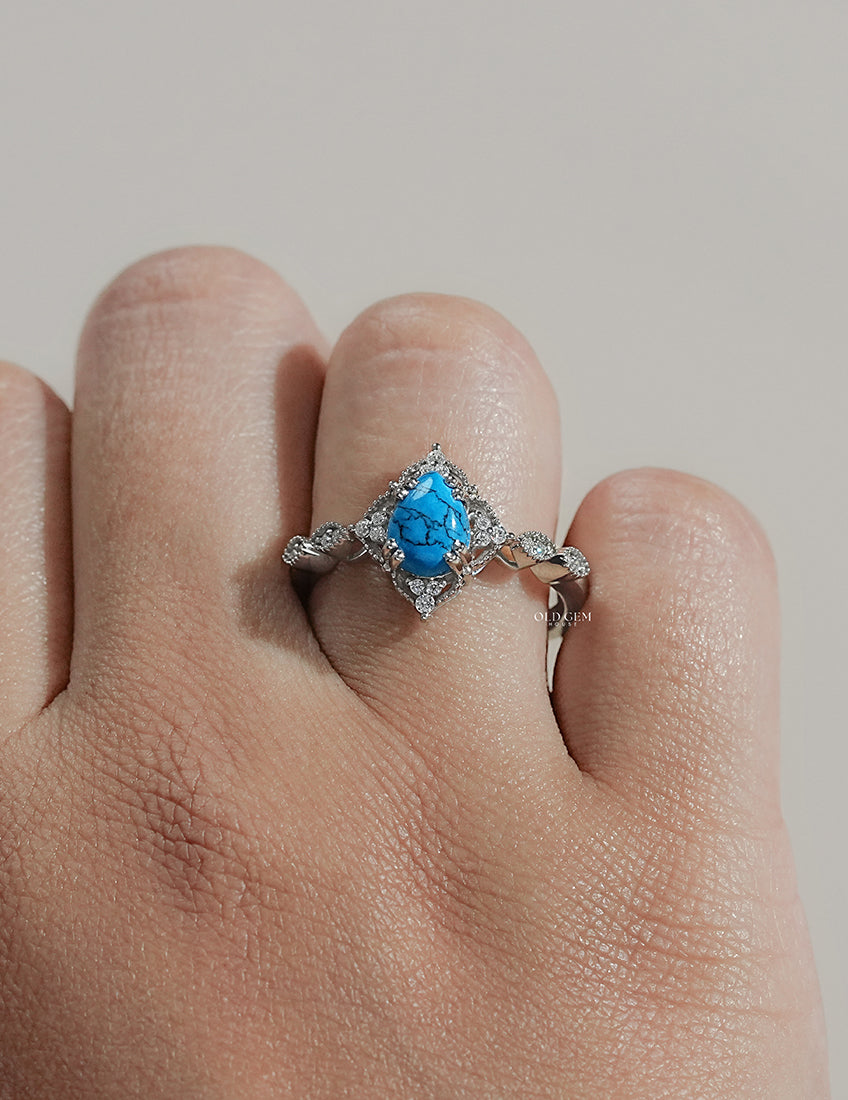 Floral Victorian Turquoise Pear Gemstone Ring Engagement Ring