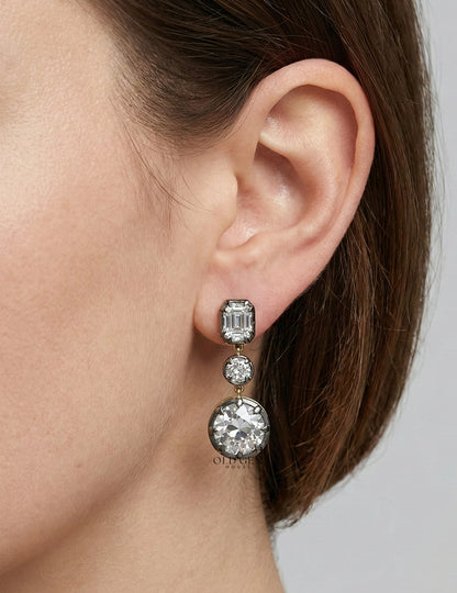 Old European & Asscher Cut Three Stone Drop Earring Earrings