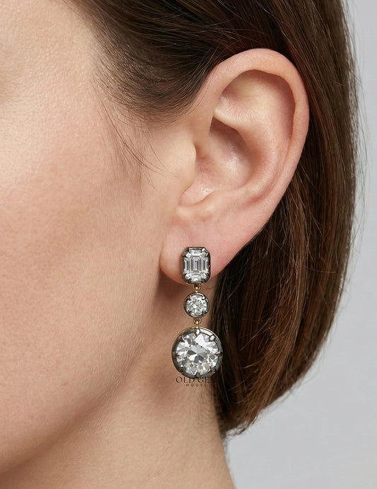 Old European & Asscher Cut Three Stone Drop Earring Earrings