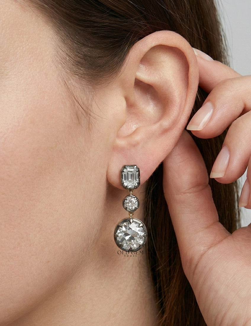 Old European & Asscher Cut Three Stone Drop Earring Earrings