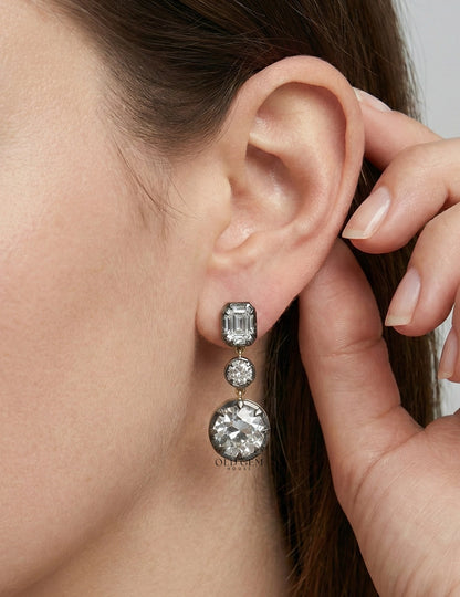 Old European & Asscher Cut Three Stone Drop Earring Earrings