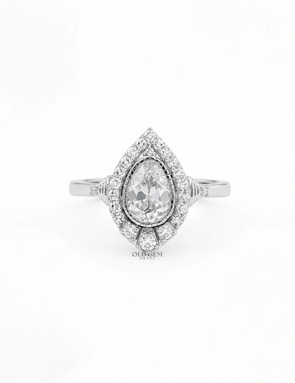 Edwardian Vintage Old Mine Pear Shape Lab Diamond Halo Ring Engagement Ring