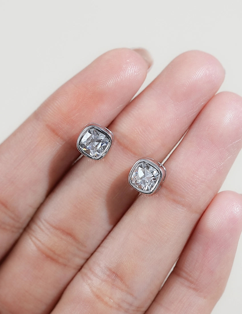Old Mine Cushion Bezel Stud Earrings