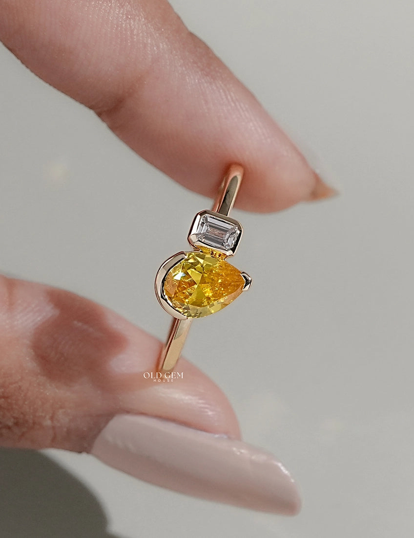 Art Deco Yellow Pear Gemstone Toi Et Moi Ring Engagement Ring