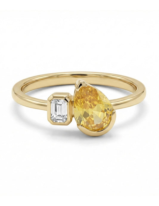 Art Deco Yellow Pear Gemstone Toi Et Moi Ring Engagement Ring