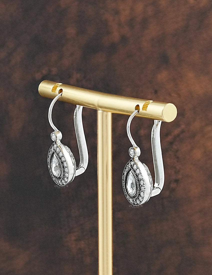 Rose Cut Pear Lab Diamond Halo Drop Earrings Earrings